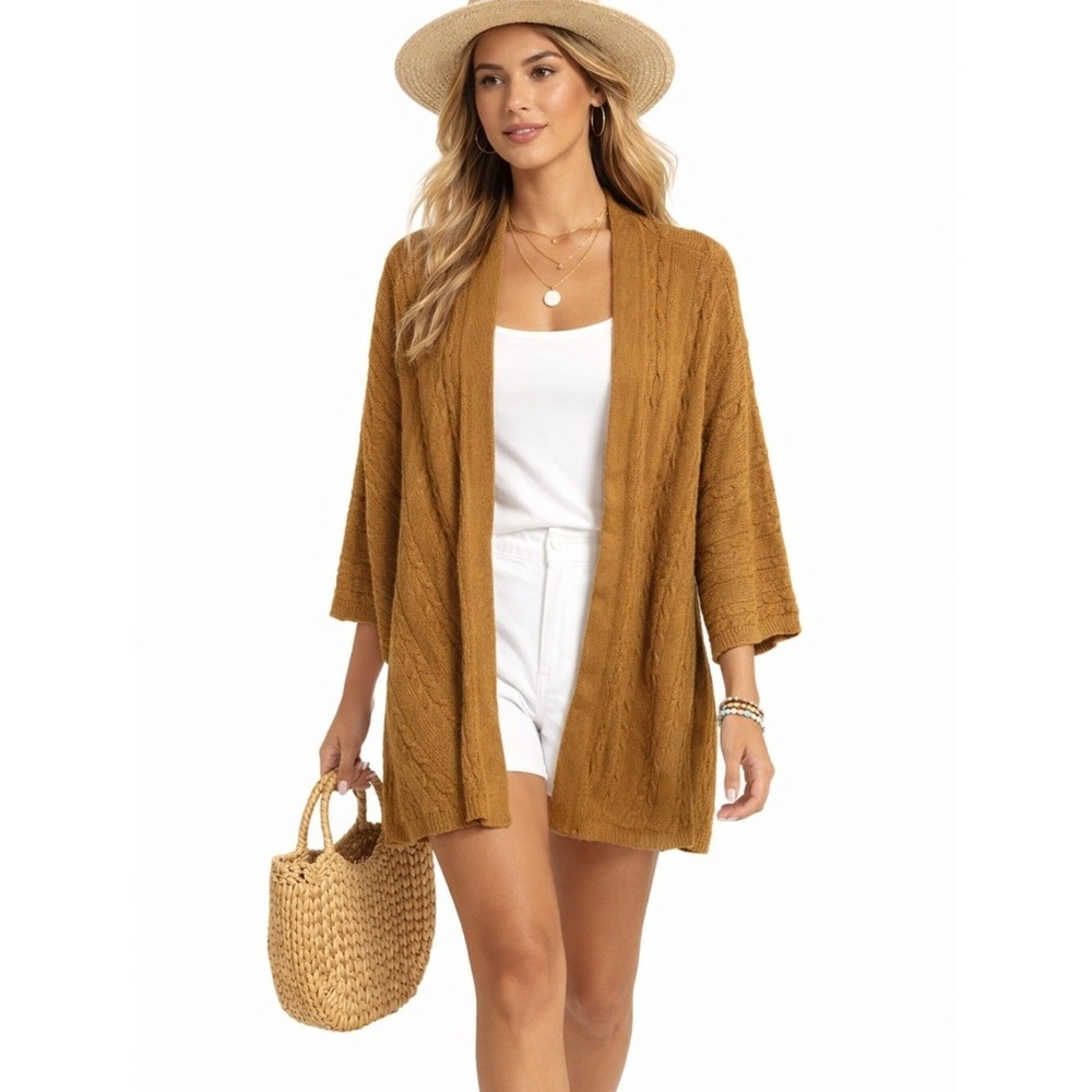 J. Jill Mustard Brown Cable Knit Open Front Cardigan Sweater Petite Small